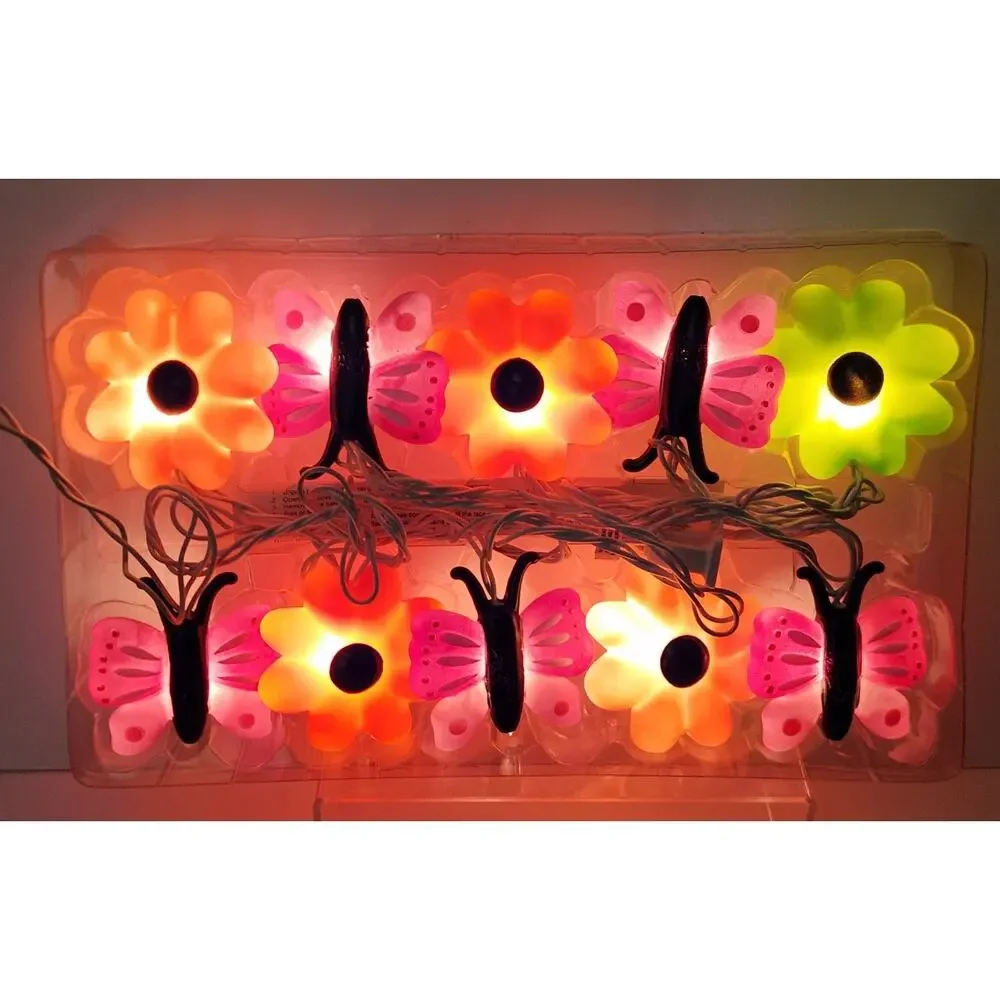 Vintage Butterfly & Flower Blow Mold String Lights Patio Indoor/Outdoor Set Of 2